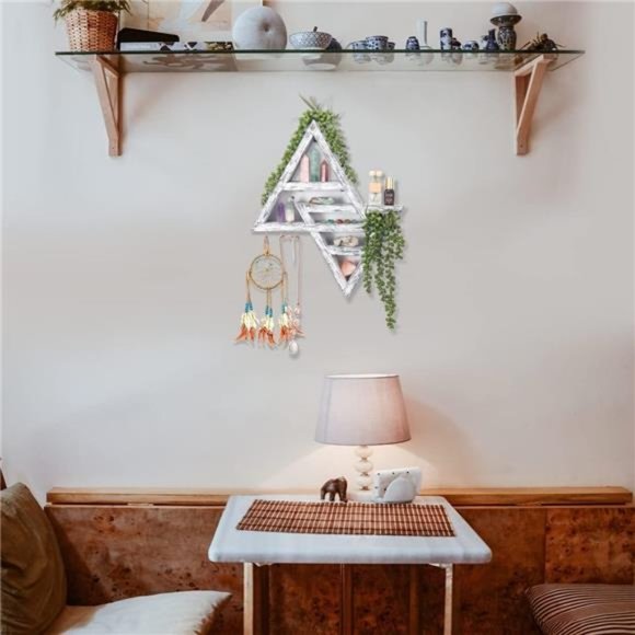 Moon Phase Triangle Shelf with Hooks - Moon Shelf for Crystals- Witchy White - Picture 2 of 7